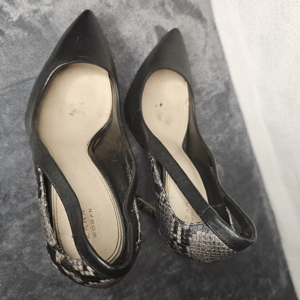 Zara Black Snakeskin Print Pointed Toe Heels - Picture 6 of 13